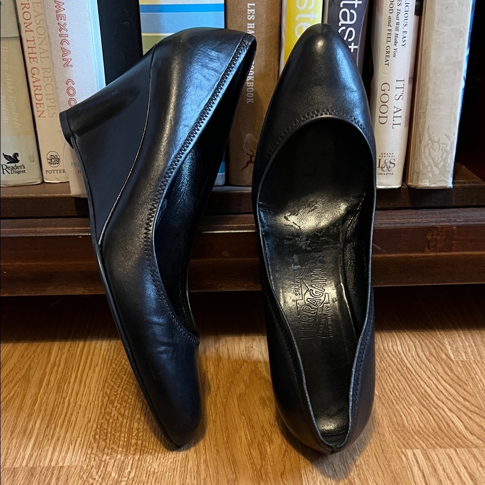 Salvatore Ferragamo Black Leather Wedges
